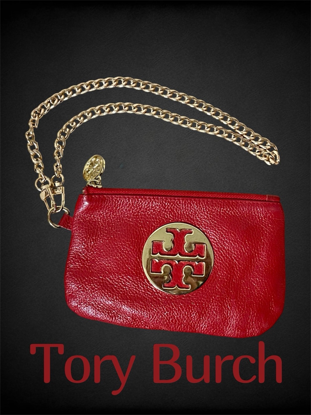 Tory Burch Red Pebbled Leather Wristlet w/ Gold Hardware & Chain. Like new.